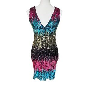 Ruiyige Sexy V Neck Multi Colored Sequin Bodycon Stretchy Club Party Dress small